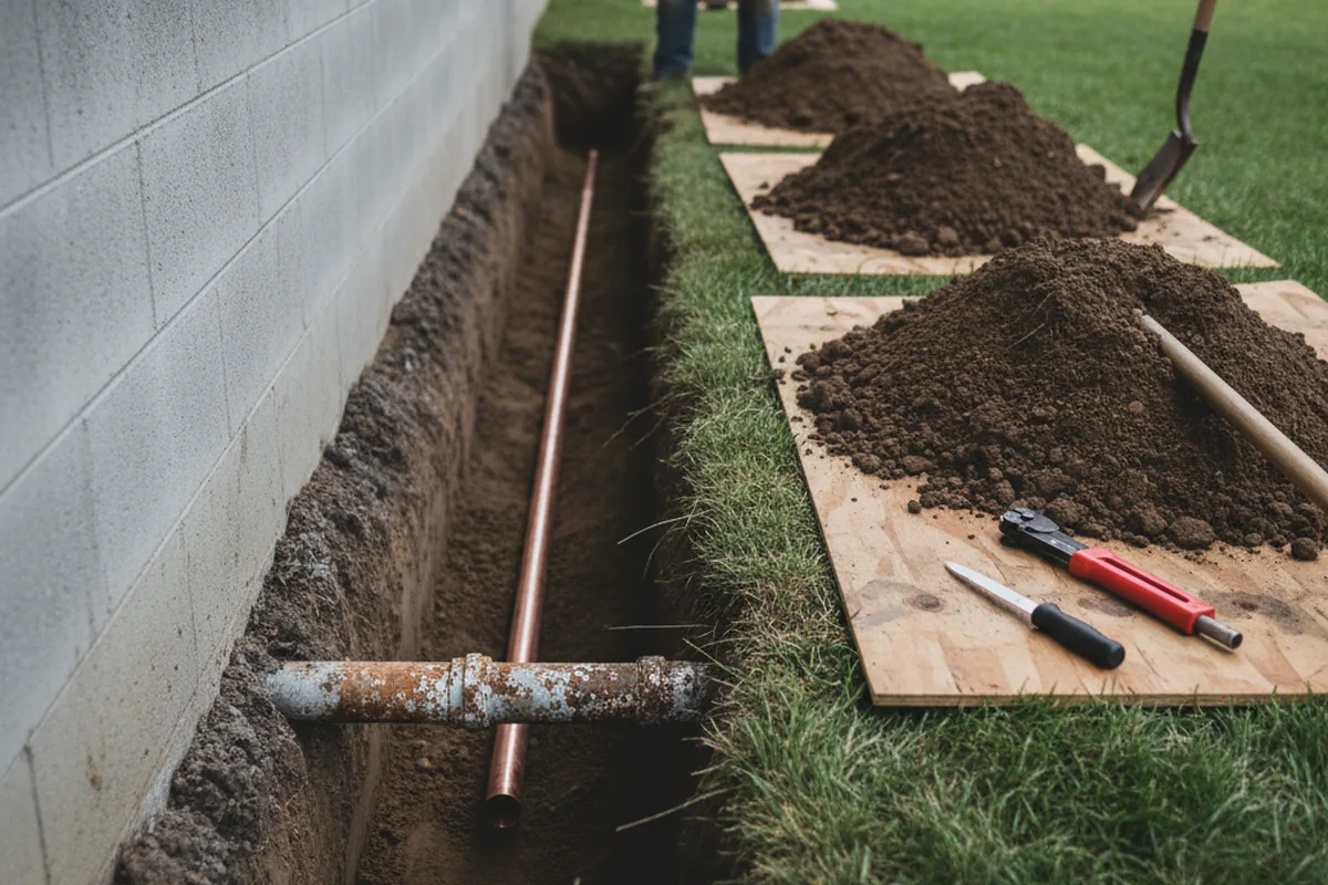 Excavated water line trench during Sewer Line Repair in New Baltimore